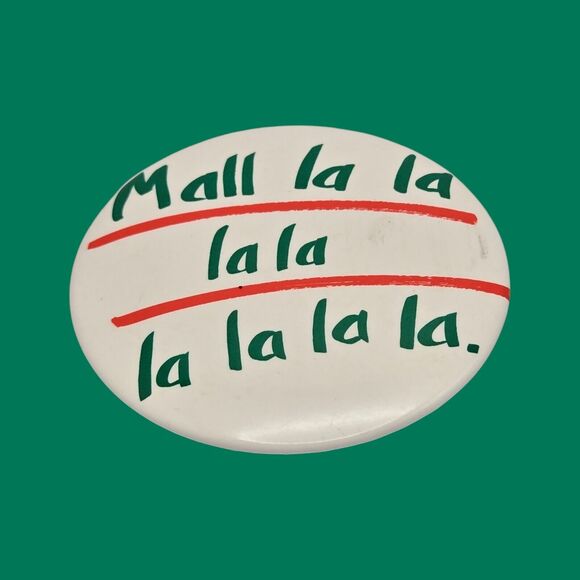 Vintage 1987 Trisar Christmas Button Pin Holiday Shopping Jingle Mall la la lala - Picture 3 of 3